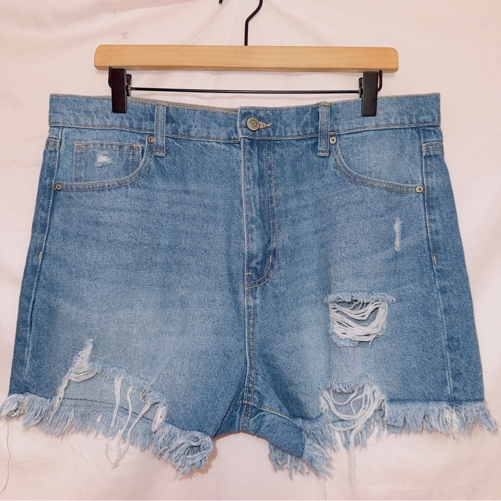 Celebrity Pink Medium Wash Denim High Waisted Frayed Hem Cut Off Jean Shorts